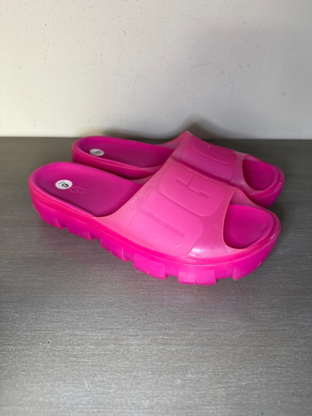 UGG Sport Yeah Jella Clear Slides Pink Dragon Fruit Calfskin Platform Size 9 B